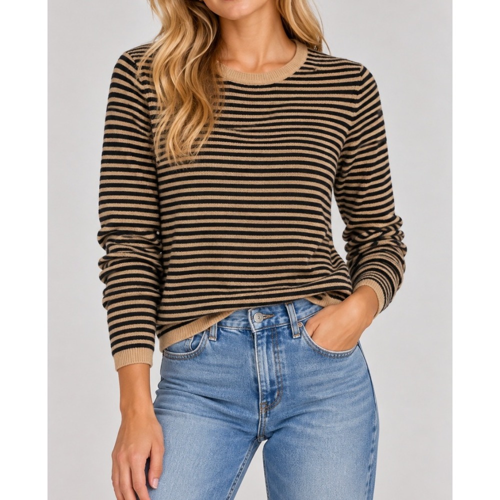 Lord & Taylor Cashmere Sweater Womens Small Black Tan Striped Crew Neck Knit Vtg